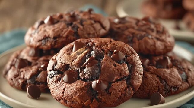 Delicious chocolate chip cookies arranged on a plate with others in the background showcasing rich textures and warm lighting perfect for dessert concepts