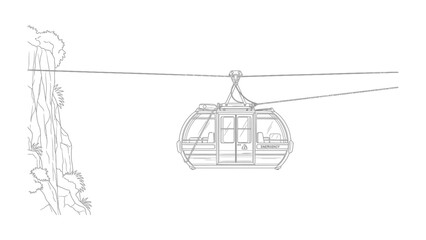 Cable Car Journey: A detailed sketch captures the design of a cable car suspended on a sturdy cable, traversing the natural beauty and rugged terrain. © Abu