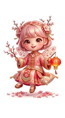 Fototapeta premium Cute Chibi Plum Blossom Spirit 3D Illustration for Asian Lunar New Year, pure white background