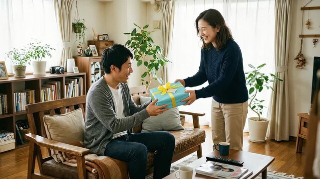 夫にサプライズでプレゼントを渡して喜ばせる妻