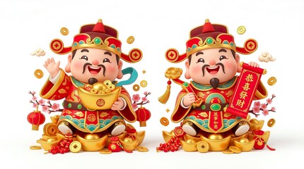 Two Cute Chibi Prosperity God Mascot 3D Illustration for Asian Lunar New Year, pure white background
