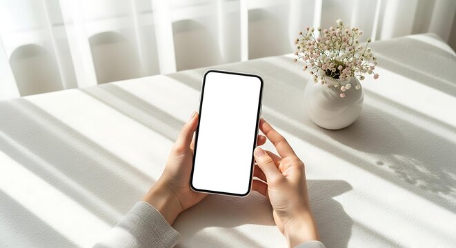 Aesthetic smartphone mockup blank screen for morning lifestyle, minimalist smartphone mockup blank screen with sunlight shadows, fresh smartphone mockup blank screen for app display template.