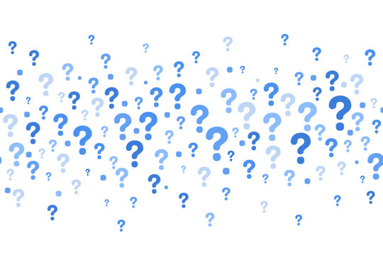 Question mark background with seamless pattern of blue icons. Quiz FAQ poster design and survey template. Vector abstract bg