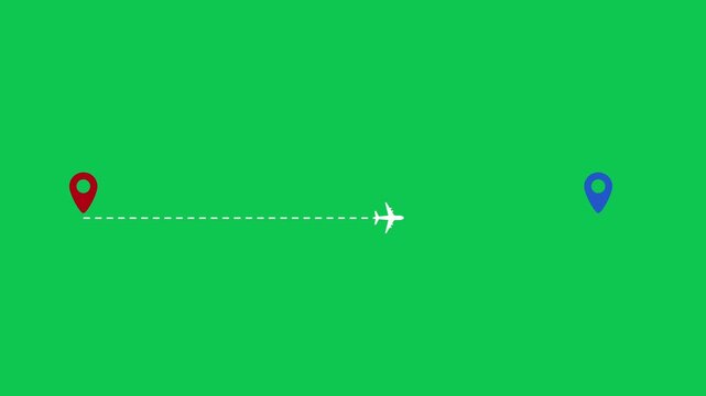 Concept of airplane travel. Animation airplane flies from one place to another. Green Screen