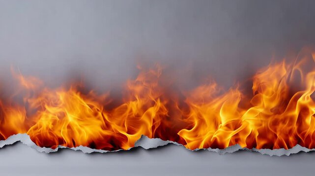 Flames rising from torn paper edges against a gray background, showcasing a continuous flow of fire and smoke in a visually striking arrangement
