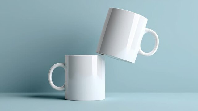 Two white ceramic mugs in mid-air above a light blue background, showcasing a dynamic motion of one mug being lifted towards the other in a playful interaction