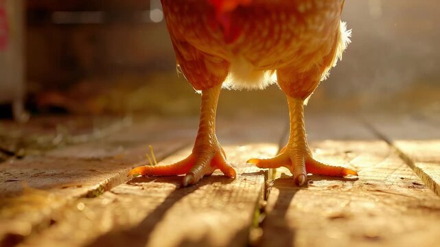Close-up of chicken legs on wooden surface bathed in warm sunlight