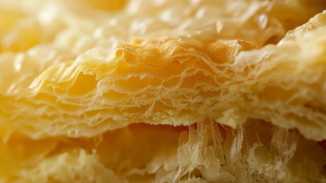 Close-up of flaky, layered pastry with golden crisp layers highlighting its texture