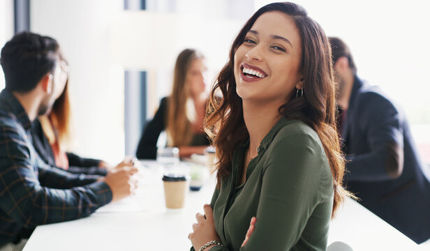 Woman, laugh or arms crossed in meeting at agency for staff reporter, funny story or collaboration. Team, journalist representative and portrait in newsroom for news reporting joke, pride or about us