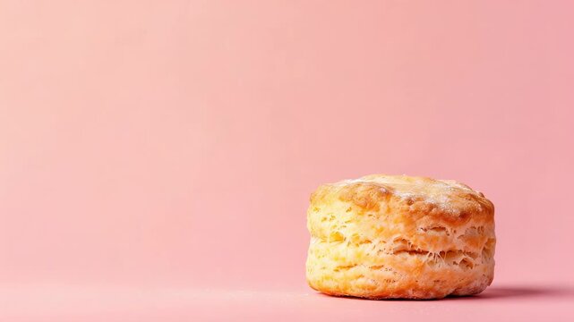 Freshly baked scone on soft pink background with ample copy space to right