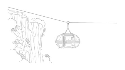 Adventure in the Air: An artistic depiction of a zipline gondola gracefully suspended between a rugged cliff face, inviting viewers to imagine the thrill and freedom of soaring through the skies. © Murshida