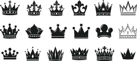 This versatile vector icon set features a diverse array of crown styles, from classic king and queen emblems to minimalist and modern tiara and coronet designs, making it a trending asset © kaziashabul24