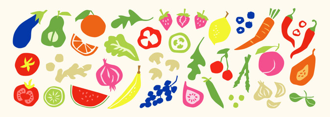 Colorful Fruits and Vegetables. Fresh produce illustrations of whole and sliced citrus, berries, tomato, eggplant, carrot and leafy greens with market ingredients for food design