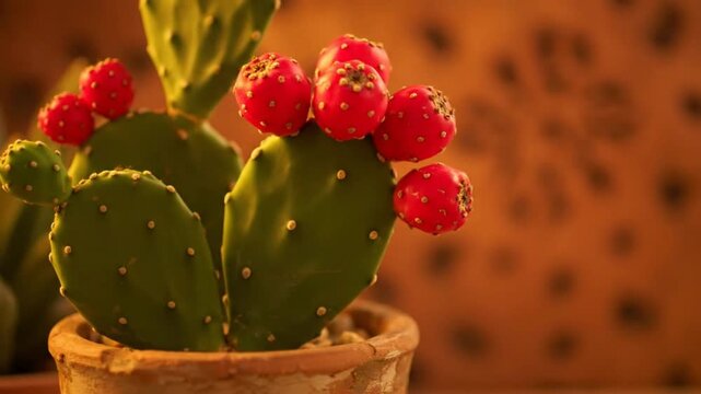 A cactus with red fruits sits in a pot on a table indoors.