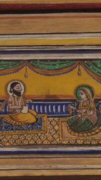 Frescoes Decoration On Wall Of Hanuman Temple In Jaipur, India. Religious Motifs From Life Of Hanuman Are Painted. Monkey-like Deity, Son Of Wind God Vayu. Scene Has Rama And Sita On Throne, As