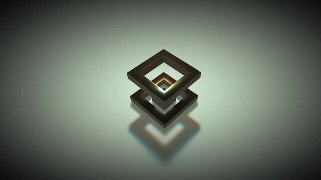 Dark 3D geometric rings surrounding a central glowing cube on a reflective surface depicting core data processing and secure technology infrastructure