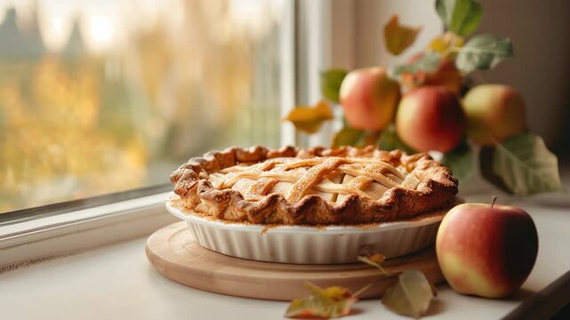 Freshly baked apple pie on a windowsill overlooking an autumnal scene