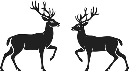 Naklejka premium Deer silhouette pair vector illustration with large antlers, majestic stag wildlife animals facing each other, black forest mammal clipart isolated for logo, tattoo, nature brandingPrint