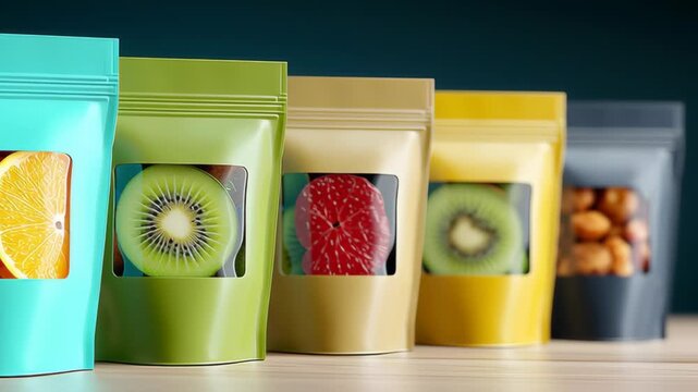 Colorful packaging of dried fruits displayed in a row, featuring transparent windows showcasing oranges, kiwis, strawberries, and nuts on a wooden surface against a dark background