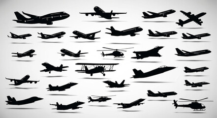 Silhouettes of Various Aircraft - Planes, Helicopters, and More. © Oki