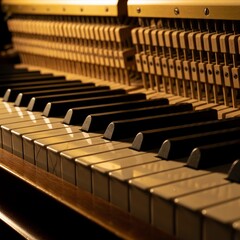 A close-up view of a piano's keys and hammers in a warm, golden light