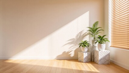 Fototapeta premium Sunlit corner with indoor potted plants on marble pedestals,soft shadows from window blinds,minimal home decor and botanical interior design background