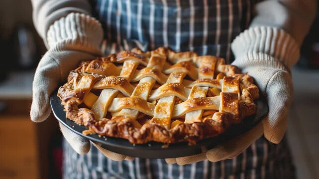 Person in apron holding a freshly baked apple pie