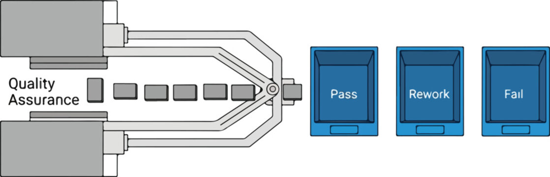 Quality assurance process flowchart showing pass, rework, and fail paths