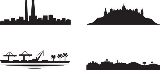 Fototapeta premium Collection of city skylines in silhouette industrial and coastal city views isolated vector art