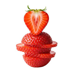 Three strawberries stacked to form a heart shape on a plain background isolated on white background