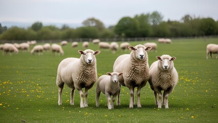 Fototapeta premium A Flock of Sheep Standing in a Green Field on a Cloudy Day.