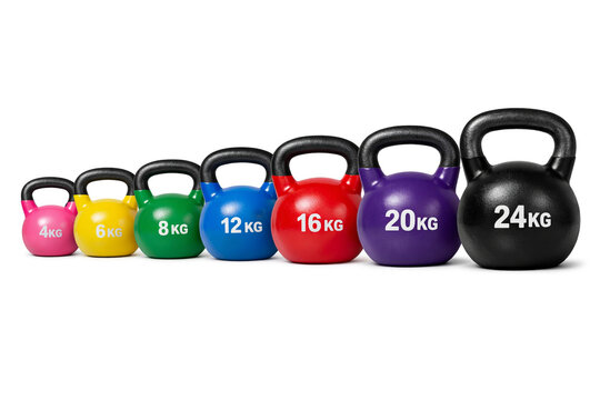 A row of colorful professional kettlebells, ranging from 4kg to 24kg, lined up by weight against a clean white background, ideal for strength training and fitness concepts