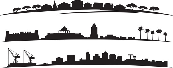 Diverse city skyline silhouettes including historic architecture palm trees and industrial port cranes