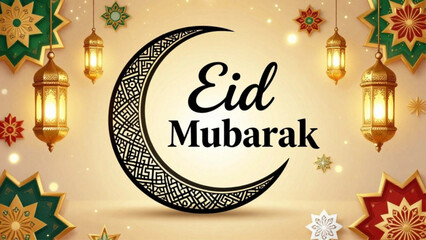 Eid Mubarak greeting background with golden mosque and glowing lanterns on dark blue night sky. Happy Eid ul-Fitr and Eid al-Adha festive banner design with Islamic architectural elements. © bikram