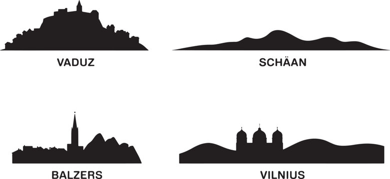 European city skylines with castles, mountains, and historic buildings on backgrounds