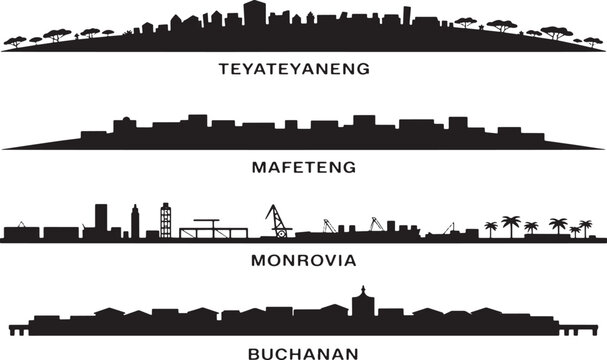 Four African city skylines silhouettes labeled Teyateyaneng Mafeteng Monrovia and Buchanan with landscape elements