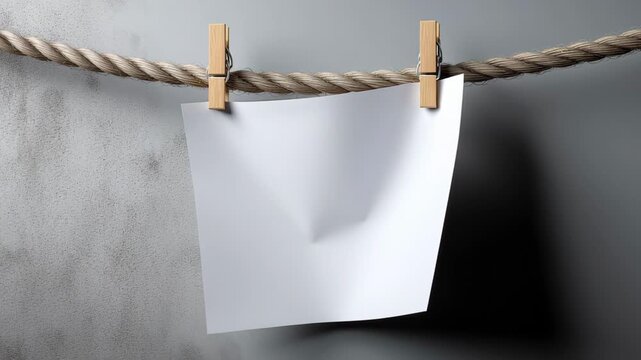 White paper hanging on a rope with wooden clips gradually bending and curling against a textured gray wall, showcasing a dynamic visual transformation in a minimalist setting