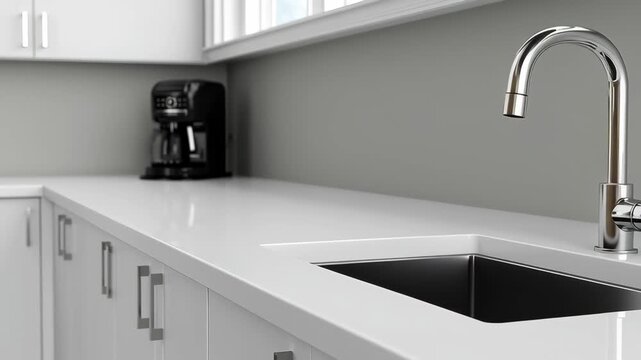 Modern kitchen countertop with stainless steel faucet, black coffee maker, and white cabinetry, showcasing a clean and organized cooking space with natural light