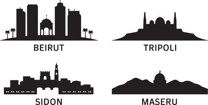 Labeled silhouettes of Beirut Tripoli Sidon and Maseru featuring distinct urban profiles and landmarks