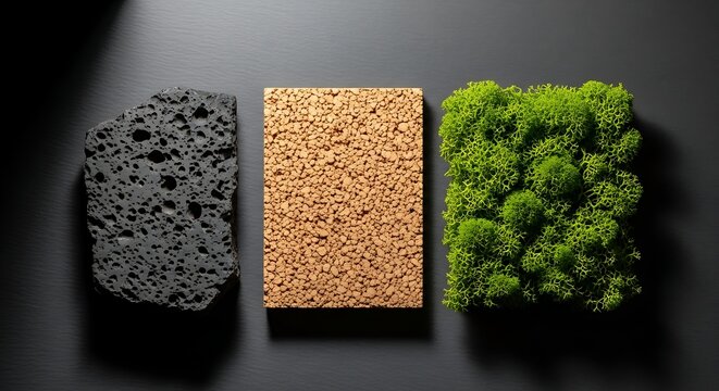 Three different textured materials - porous black rock, cork, and vibrant green moss, arranged on a dark surface.