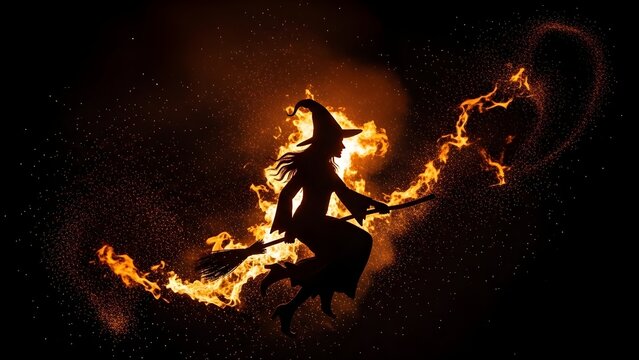 An abstract vector illustration of a dancing woman's black silhouette jumping with joy amidst a fire in the dark night sky under the moon