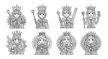 Charming cartoon royalty kings queens and princesses in black and white © nurjahan