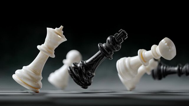 Chess pieces in motion with a white king and black king falling over a chessboard, showcasing the dynamic flow of a strategic game in progress