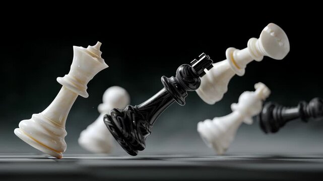 White and black chess pieces in motion, capturing the dynamic fall of kings and pawns on a chessboard with a blurred background creating a dramatic effect