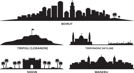 Naklejka premium Set of middle eastern and african city skylines including beirut tripoli sidon and maseru