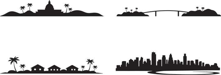 Tropical and urban skyline silhouettes featuring islands beaches domes and skyscrapers vector set