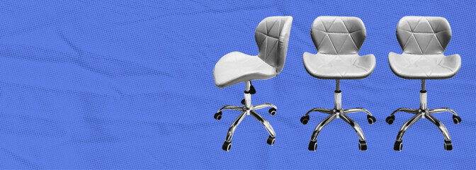 Different thinking concept. Collage halftone one office chair turned in another direction among others. Leadership, independence and alternative business strategy metaphor. Vector illustration 
