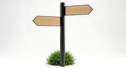 Obraz premium Wooden Directional Signpost with Two Blank Signs and Green Bush.
