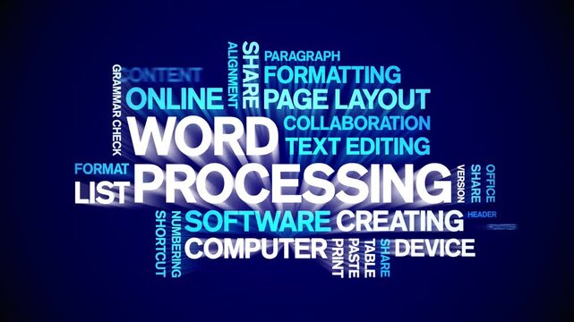 Word Processing animated word cloud-text design animation tag kinetic typography seamless loop.