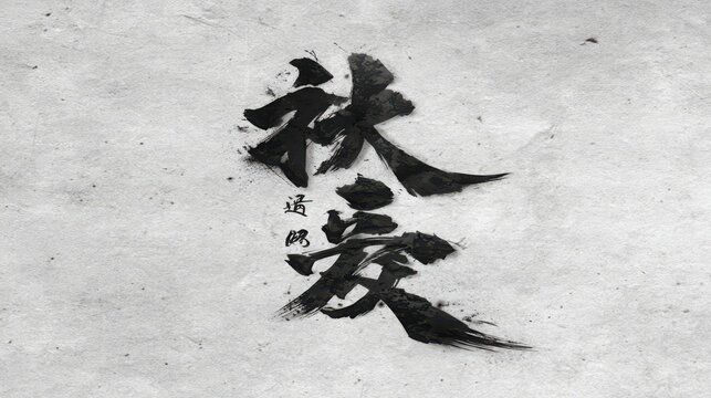 Bold Black Ink Brush Strokes of Traditional Asian Calligraphy on Textured Paper
